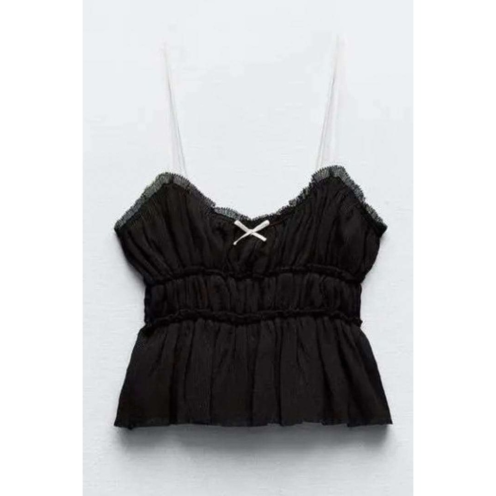 NWT Zara Pleated Smocked Camisole Women L Black Bow Peplum‎ Tank Top Festival